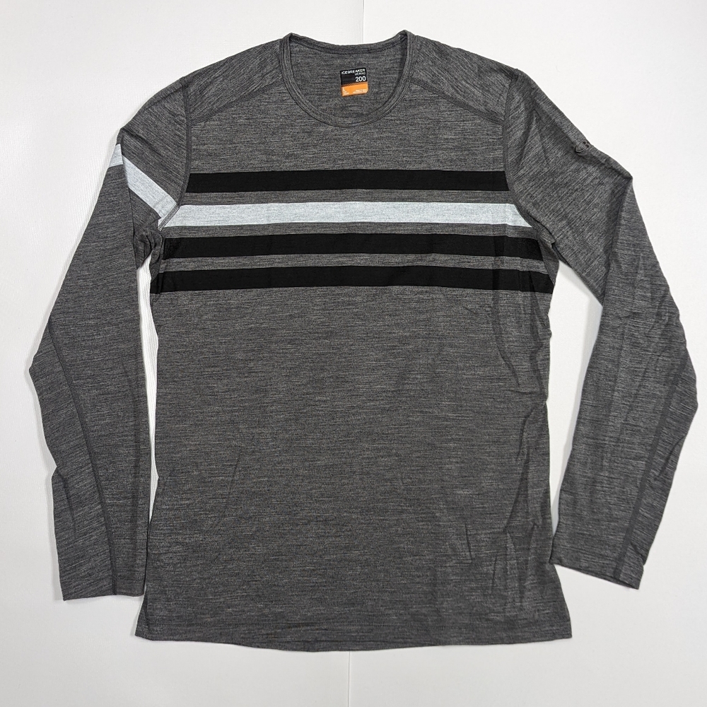Men's Icebreaker L Gray w Black/White Graphic Stripes Long Sleeve 200 Shirt